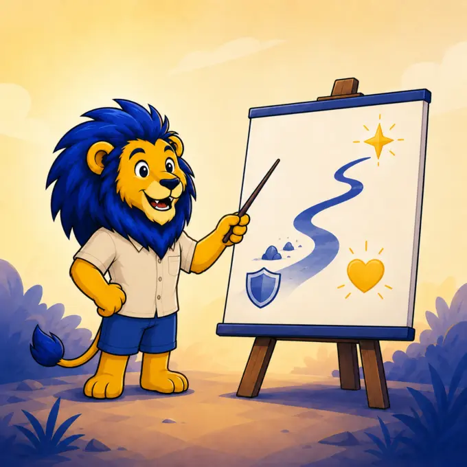 Couragier practical learning illustration — e-learning digital education platform, lion mascot Couragier