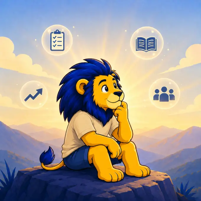 Couragier practical learning illustration — e-learning digital education platform, lion mascot Couragier