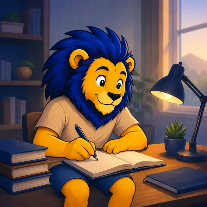 Couragier practical learning illustration — e-learning digital education platform, lion mascot Couragier