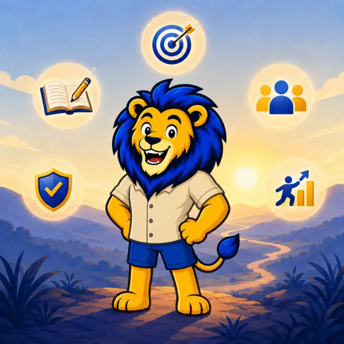 Couragier practical learning illustration — e-learning digital education platform, lion mascot Couragier