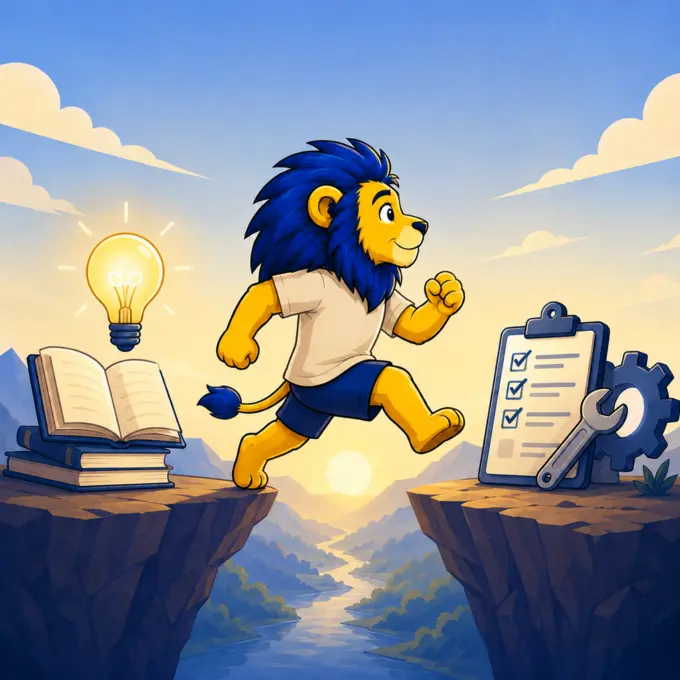 Couragier practical learning illustration — e-learning digital education platform, lion mascot Couragier