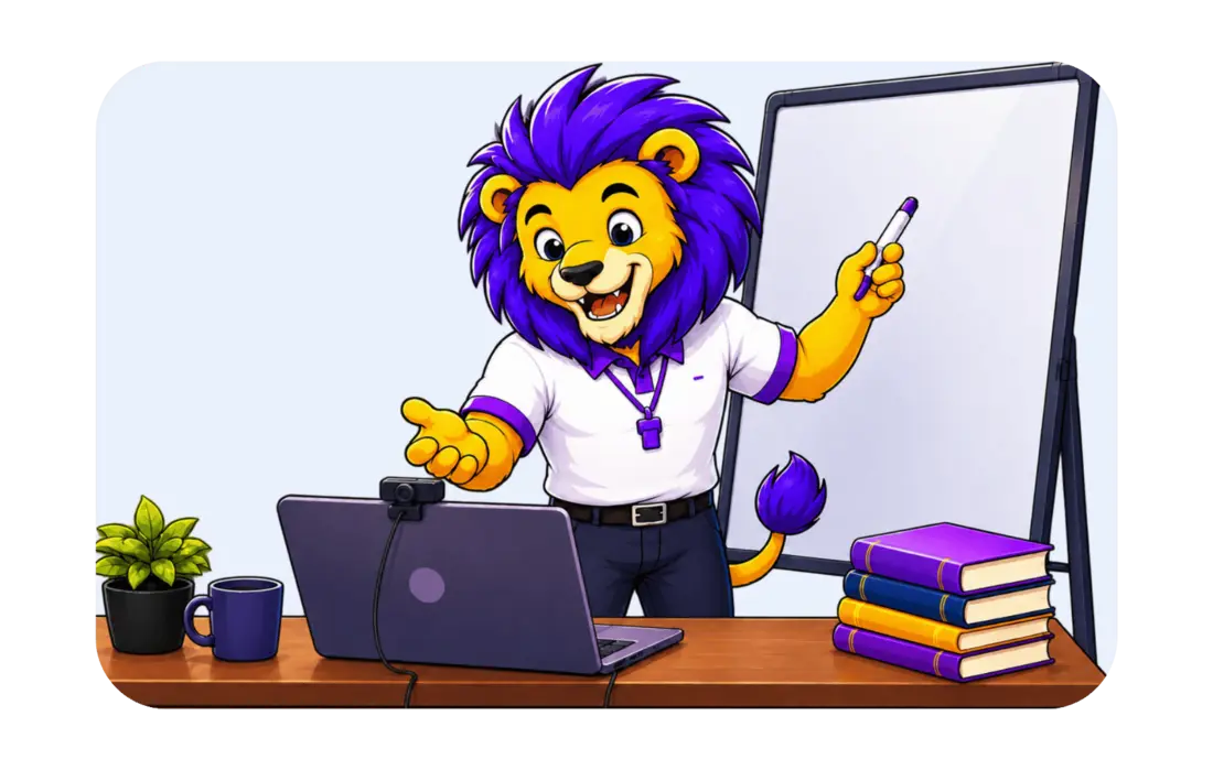 Couragier practical learning illustration — e-learning digital education platform, lion mascot Couragier