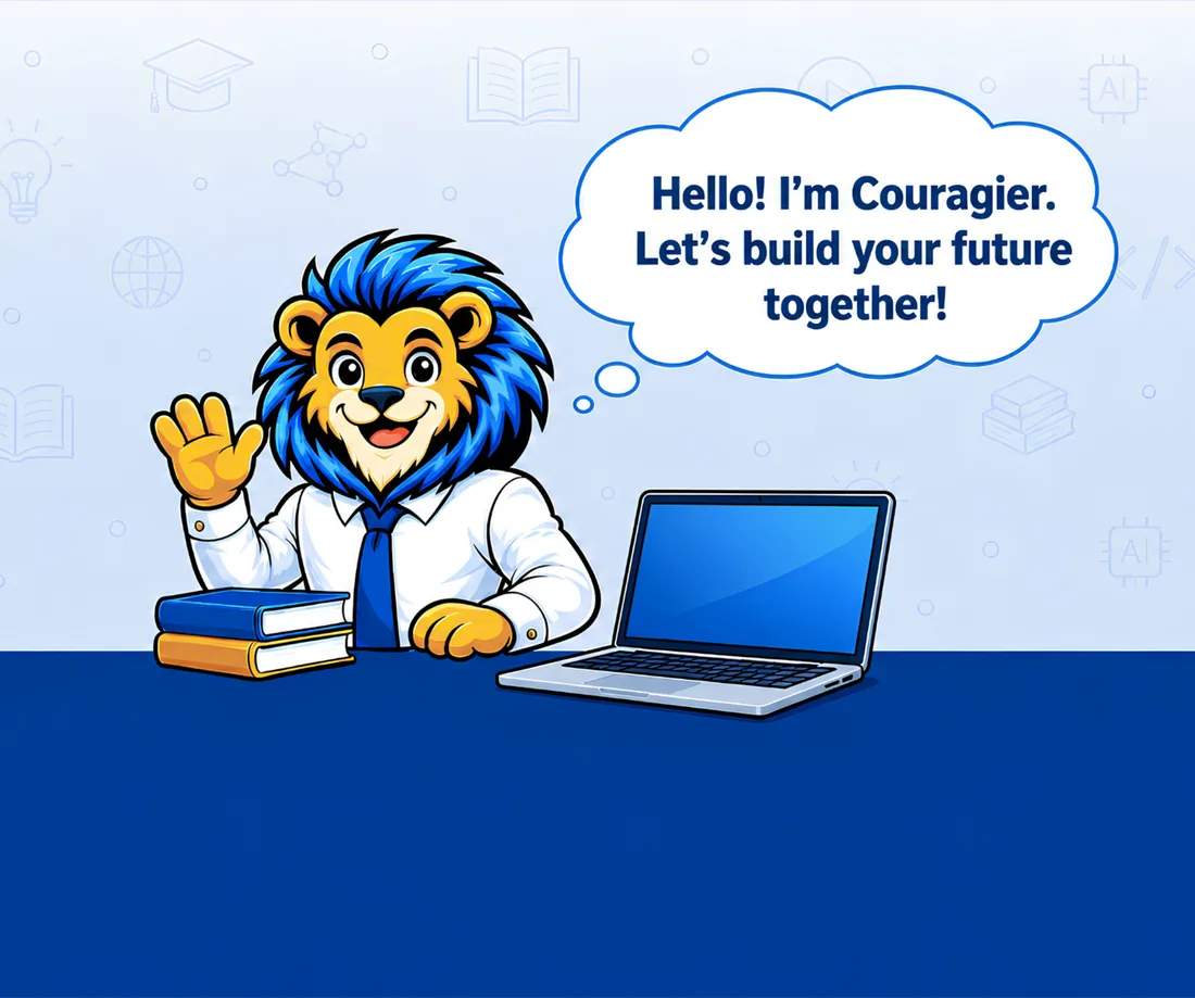 Couragier learning companion — e-learning digital education platform, lion mascot Couragier