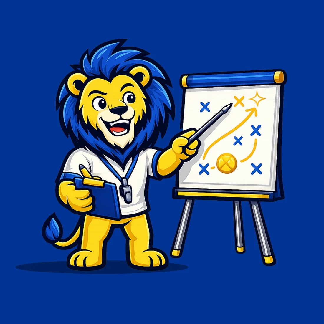 Couragier lion mascot teaching beside a board — e-learning digital education platform, lion mascot Couragier