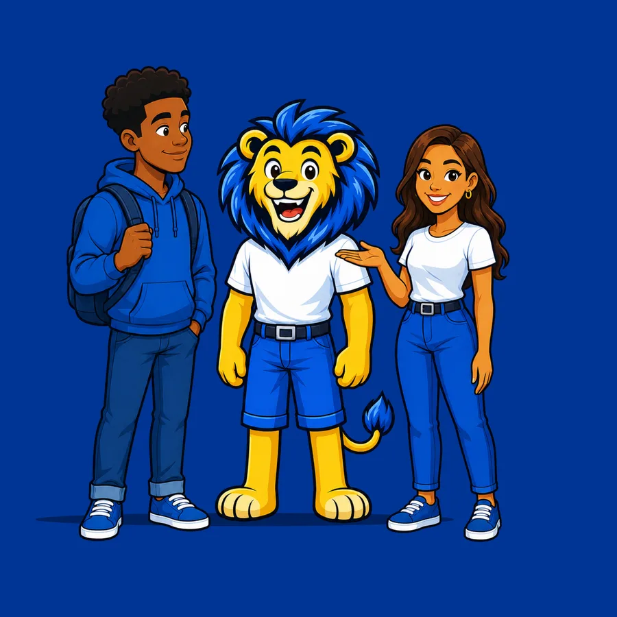 Couragier learners and lion mascot — e-learning digital education platform, lion mascot Couragier