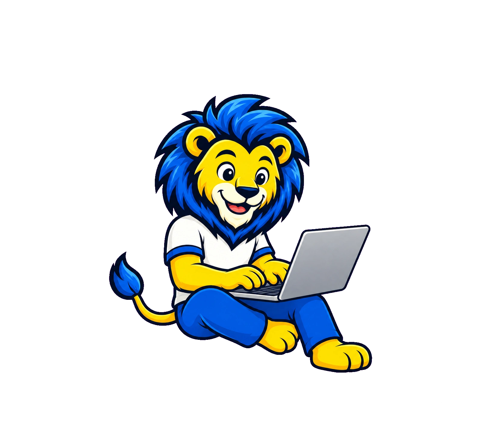 Couragier lion mascot typing on a laptop — e-learning digital education platform